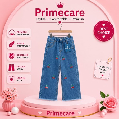 Kids Cherry Embroidery Wide Leg Jeans