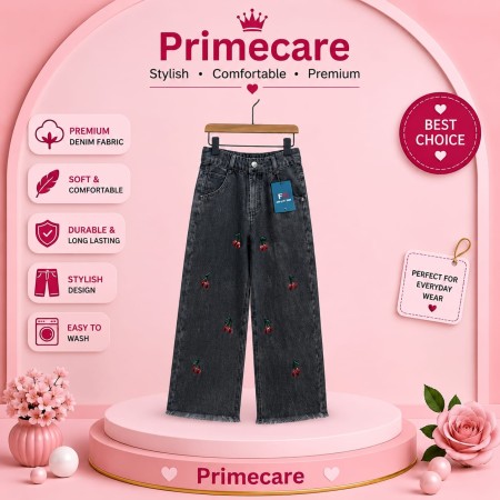 Kids Cherry Embroidery Wide Leg Jeans