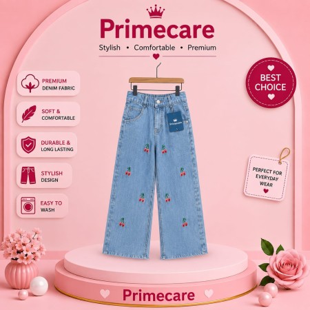 Kids Cherry Embroidery Wide Leg Jeans
