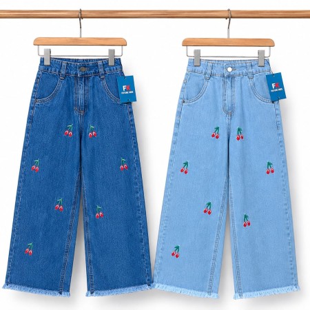 Kids Cherry Embroidery Wide Leg Jeans
