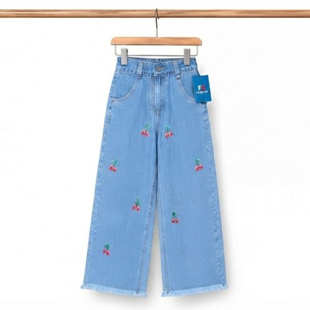 Kids Cherry Embroidery Wide Leg Jeans