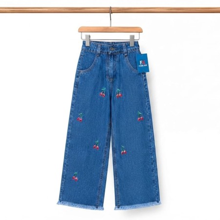 Kids Cherry Embroidery Wide Leg Jeans