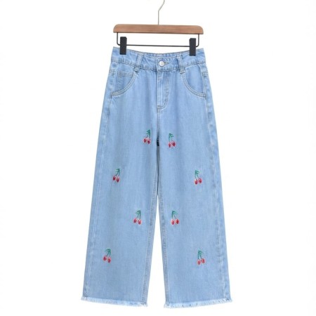 Kids Cherry Embroidery Wide Leg Jeans